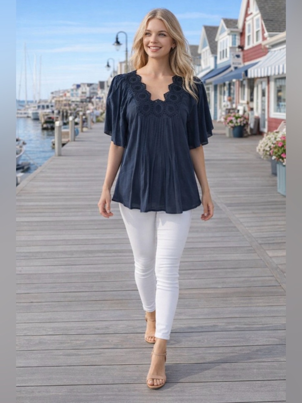 MICHAEL KORS Indigo Tunic Top w/Embroidery on Neckline & Flutter Sleeves XS NWT